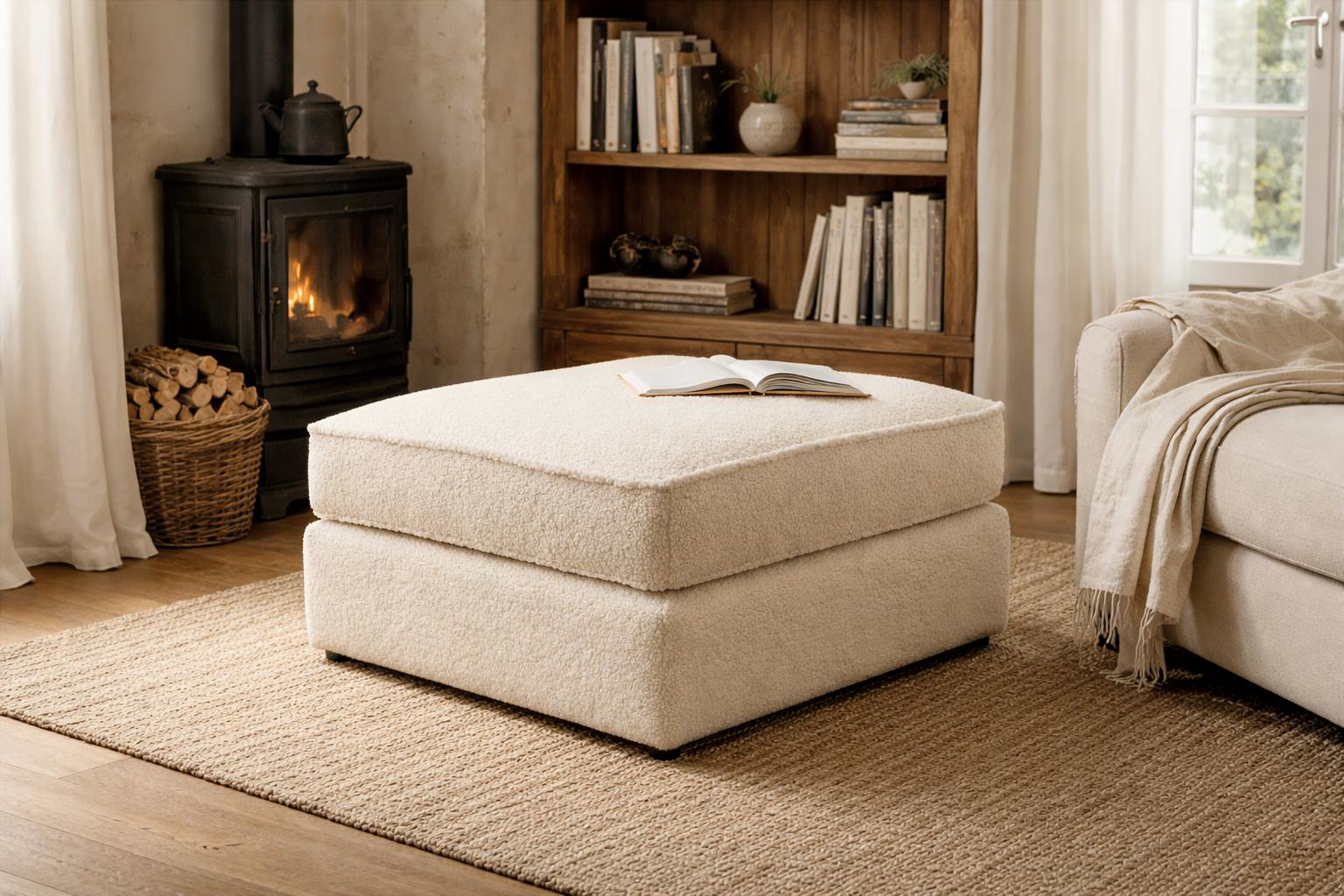 Pouf Durantin en tissu bouclette beige Paname Avenue, dans un décor inspire au quartier parisien