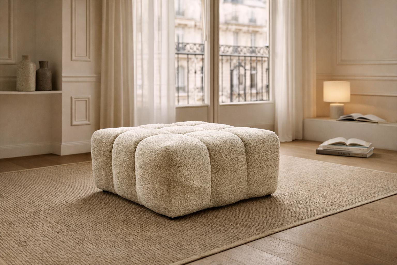 Pouf Taylor en tissu bouclette beige Paname Avenue, dans un décor inspire au quartier parisien