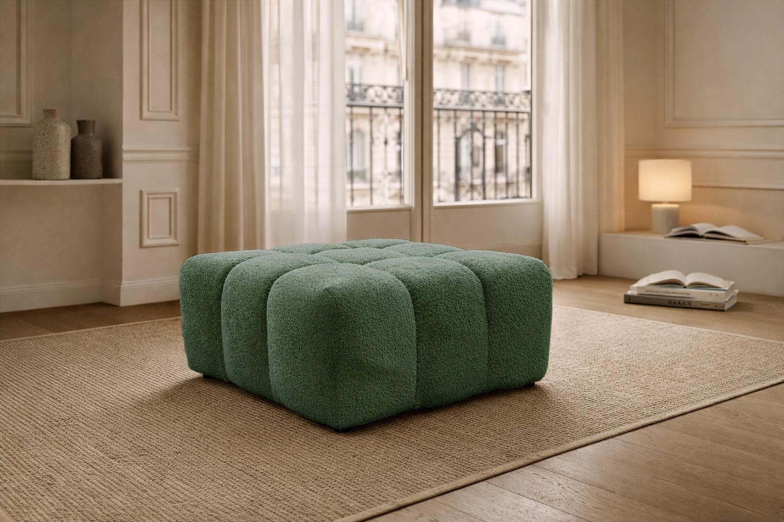 Pouf Taylor en tissu bouclette vert Paname Avenue, dans un décor inspire au quartier parisien