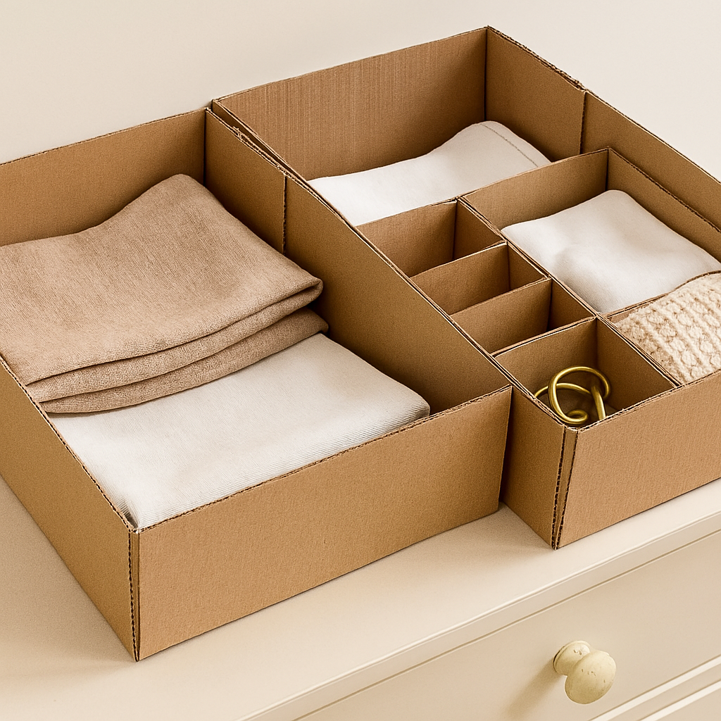 Boîte de rangement en carton compartimentée contenant des textiles pliés et de petits accessoires, organisée de manière minimaliste et fonctionnelle.