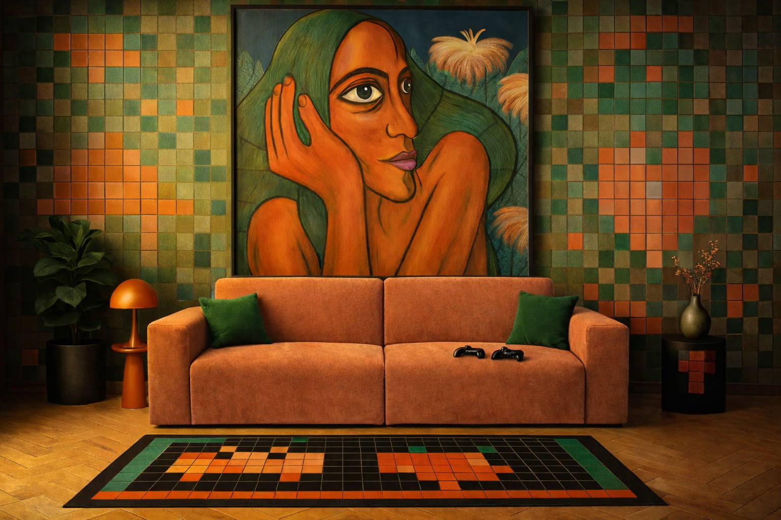 Canapé droit Seine Paname Avenue dans une ambiance mid-century modern, pop art et rétro-futuriste