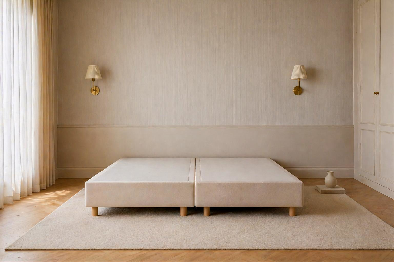 Duo de sommiers tapissiers Richard Lenoir 90x200cm créant un lit King Size 180x200cm, tissu beige, chambre minimaliste avec appliques en laiton et mur à effet textile.