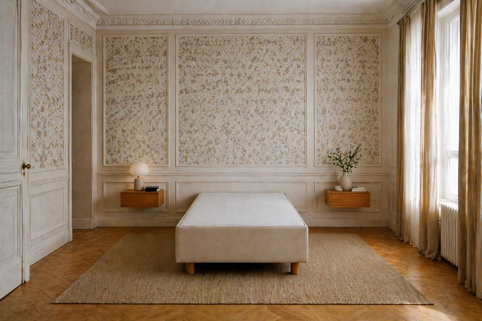 Sommier tapissier Richard Lenoir 70x200cm beige dans une chambre ancienne avec moulures, papier peint floral et chevets suspendus en bois.