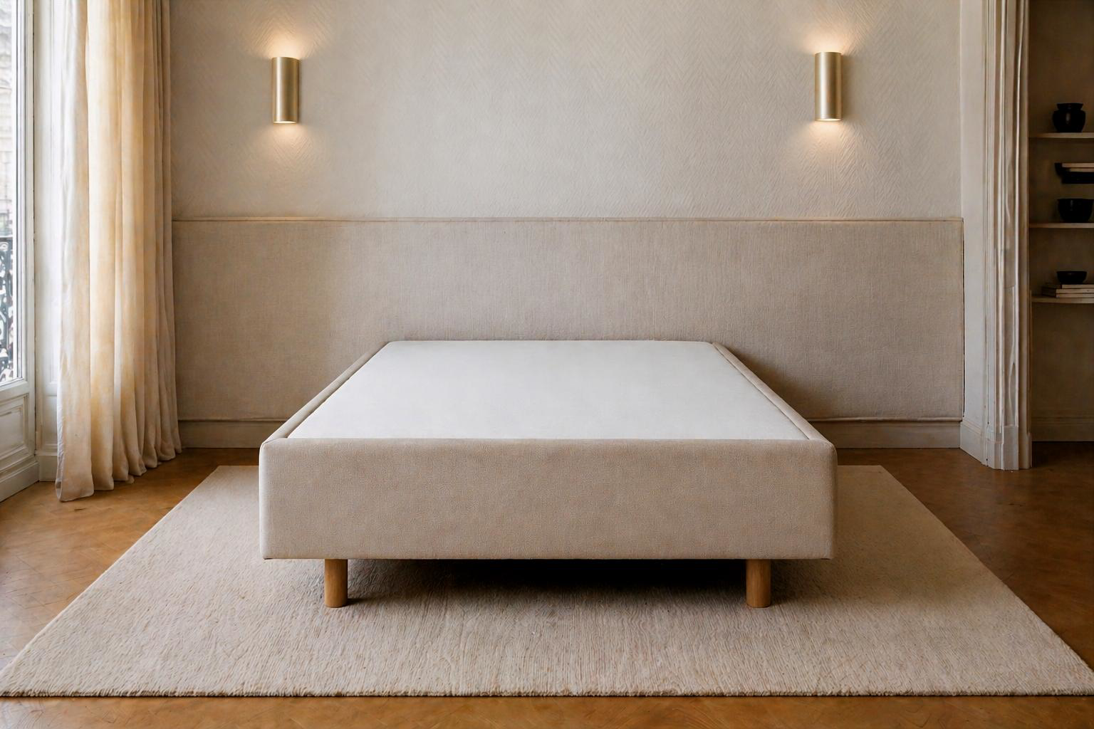 Sommier tapissier Richard Lenoir 90x200cm en tissu beige, pieds en bois massif, dans une chambre au style minimaliste avec appliques murales dorées.