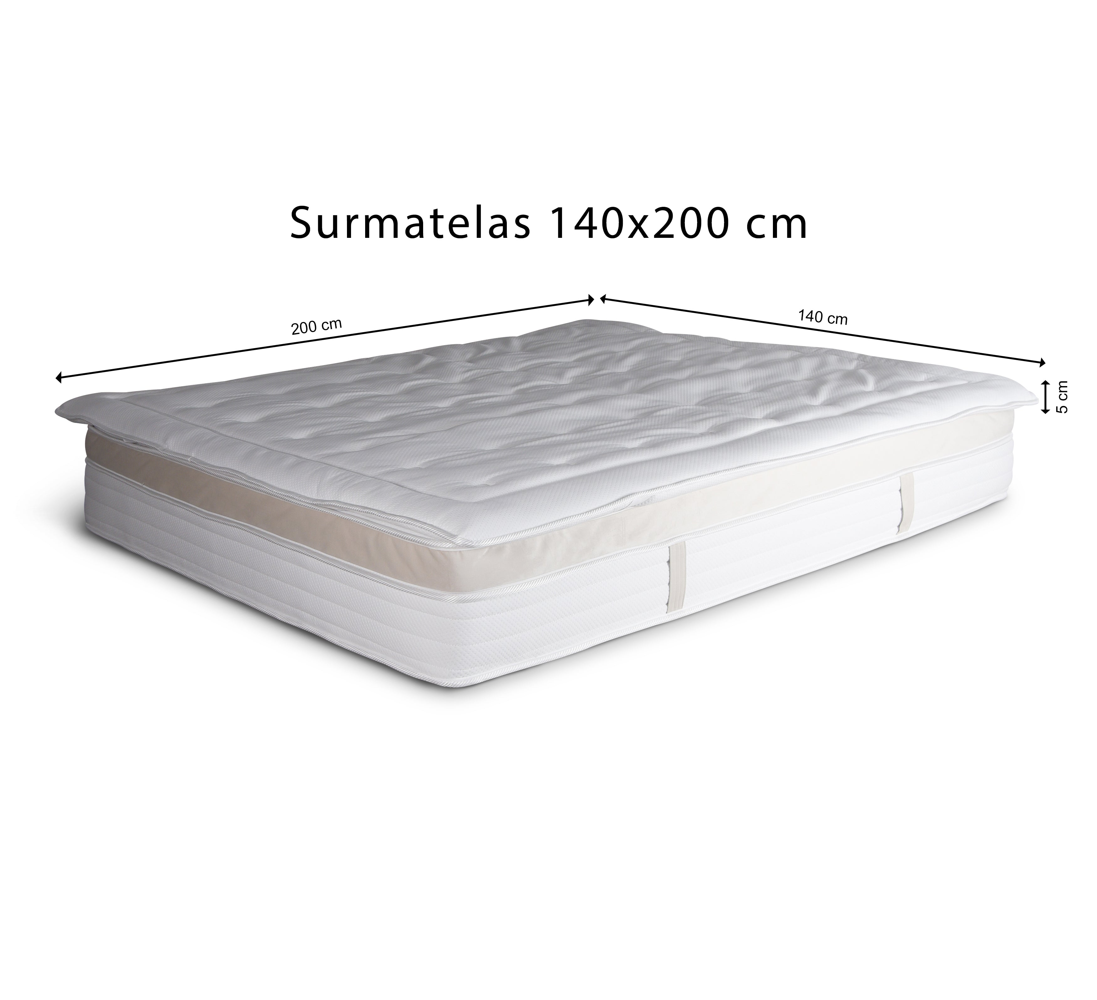 Surmatelas 140x200cm Trésor de 5 cm en mousse ouate de 35kg/m3 de chez Paname Avenue avec dimension sur fond blanc