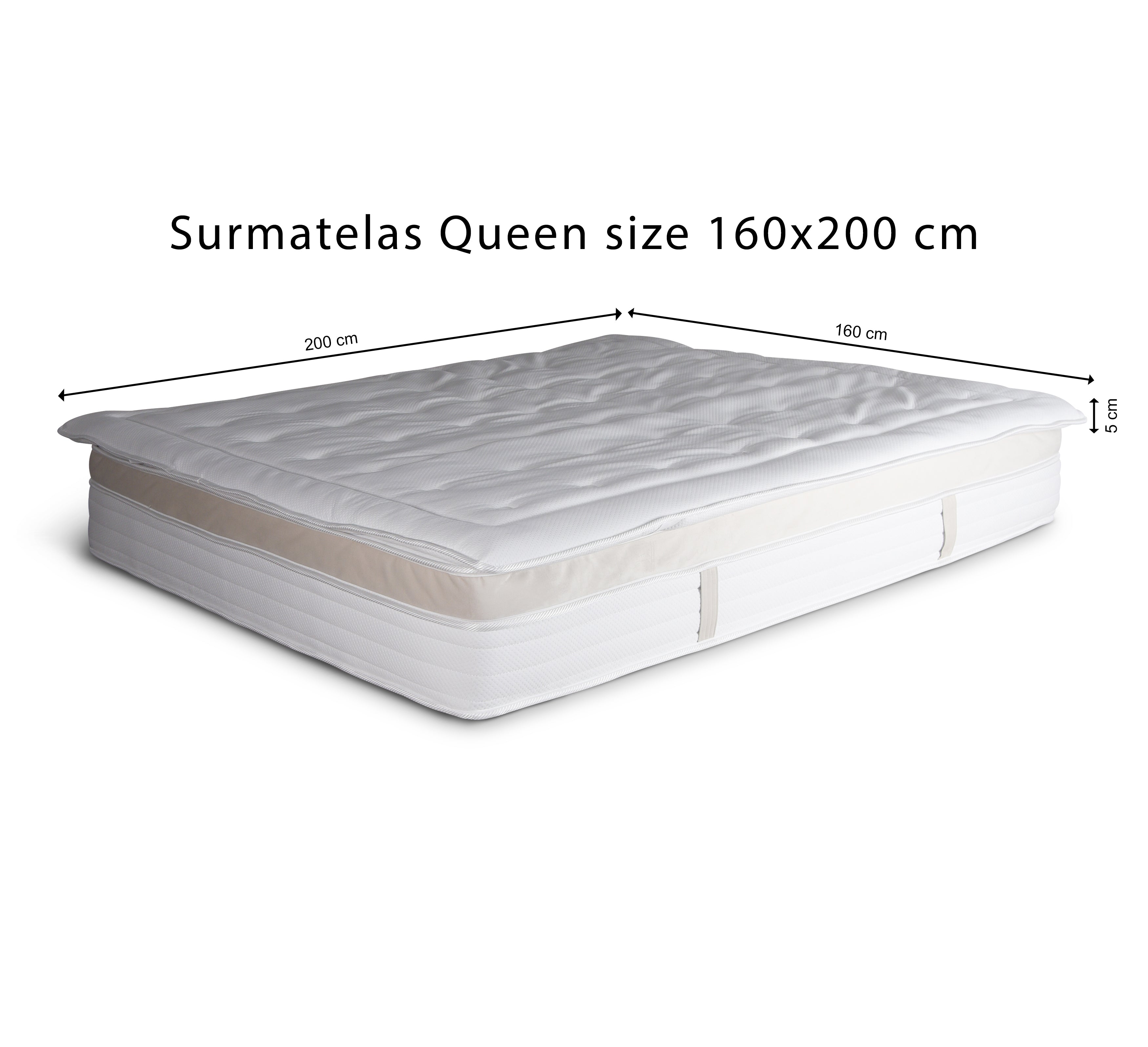 Surmatelas 160x200cm Trésor de 5 cm en mousse ouate de 35kg/m3 de chez Paname Avenue avec dimension sur fond blanc