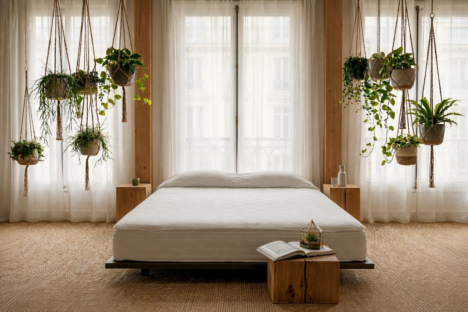 Surmatelas Trésor de la collection Marais de Paname Avenue dans une chambre spacieuse et minimaliste.