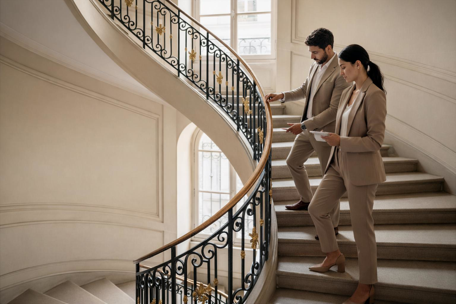 Deux professionnels en tenue élégante descendent un escalier dans un intérieur parisien avec rampe en fer forgé, discutant d’un projet d’aménagement.