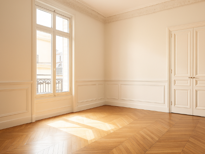 Salon vide de type  haussmannien, très ensoleillé, avec moulures aux murs