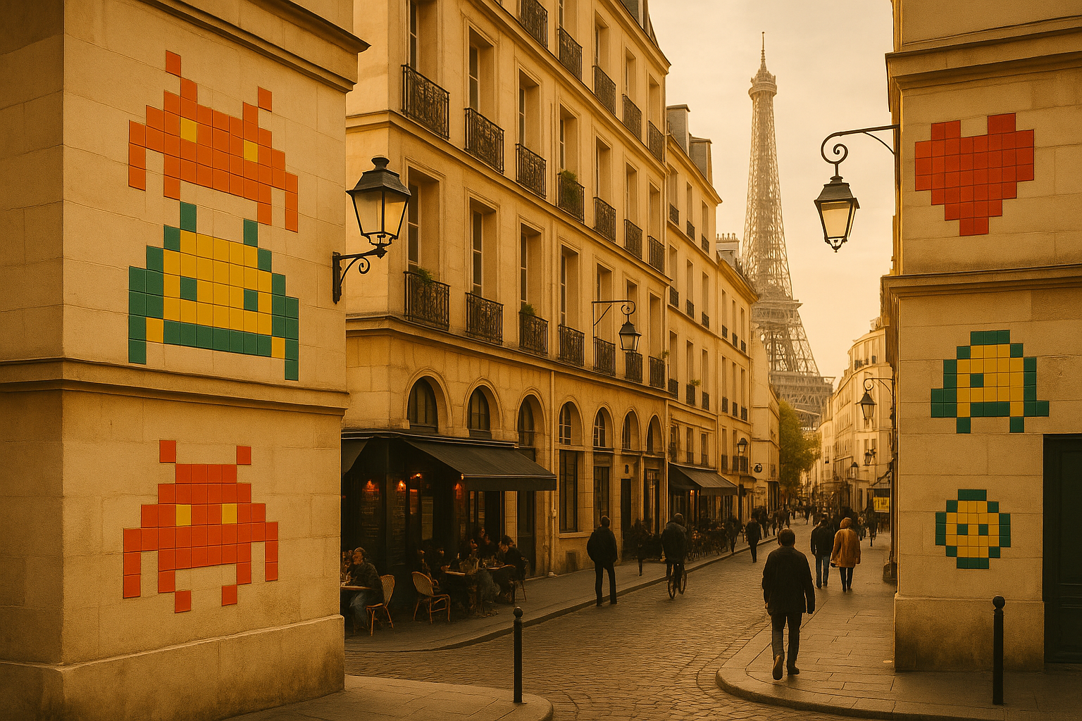 Motifs en pixels pour inspiration posés sur les murs d'immeubles parisiens avec vue sur la Tour Eiffel par Paname Avenue 